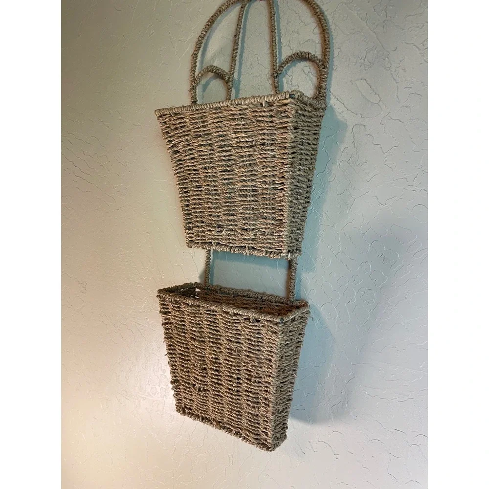 Vintage Woven Seagrass 2 Tier Wall Hanging Basket Organizer Natural Boho Storage